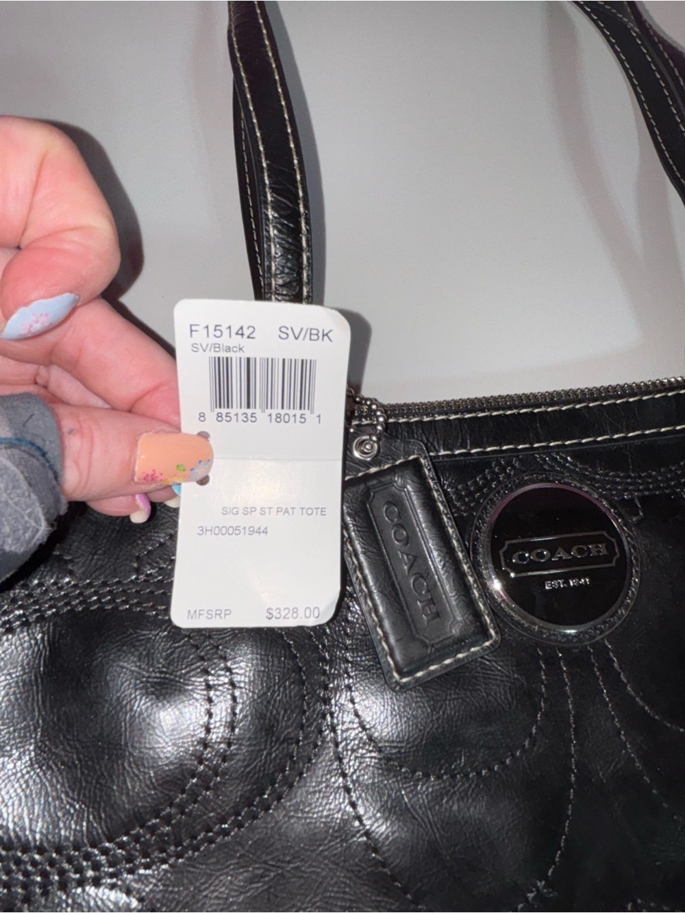 Coach Signature Stitched Patent Tote Black Leather Shoulder Bag NWT MSRP $328 - Picture 4 of 11